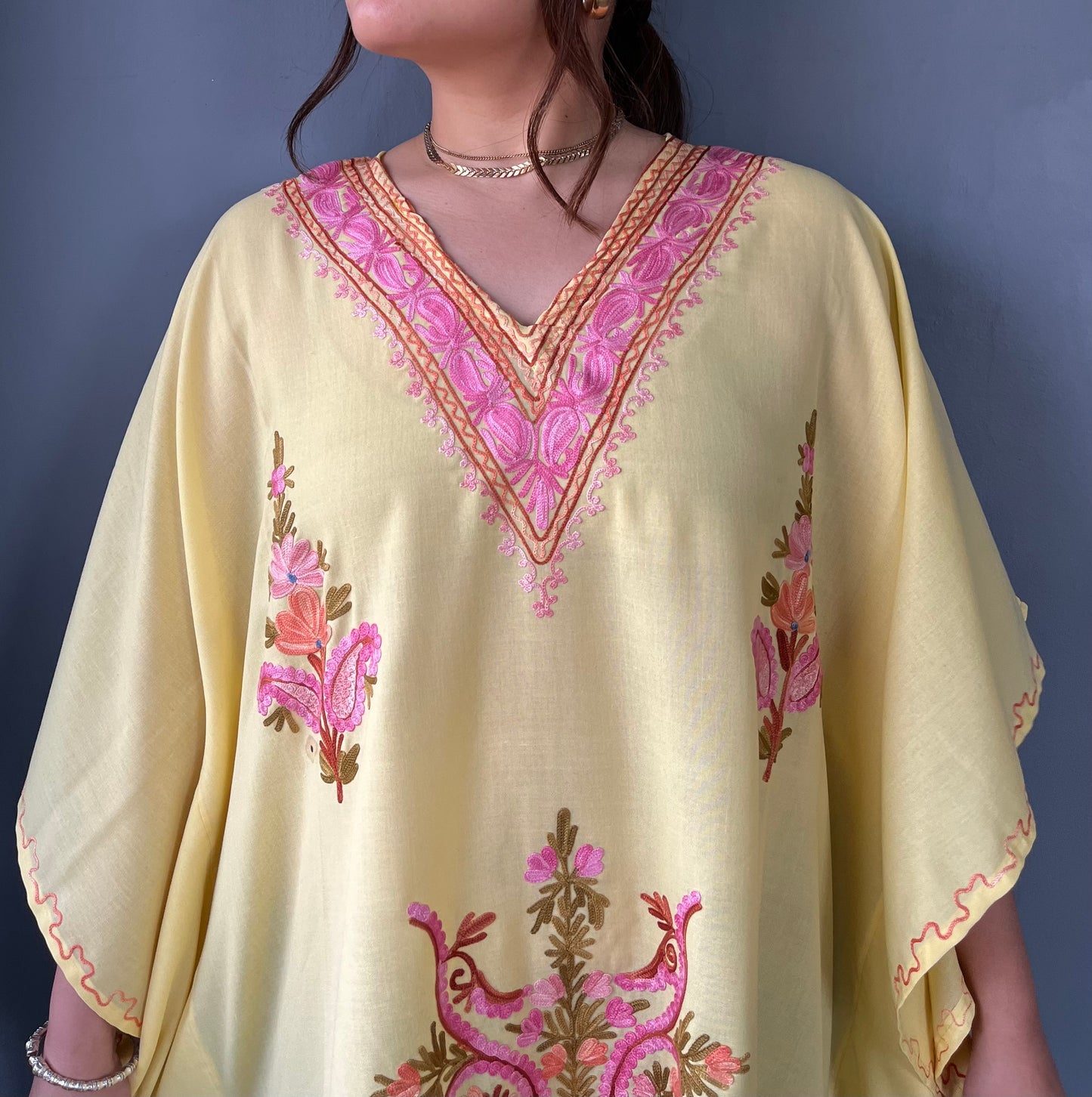 Aari Embroidered Cotton Kaftan | Pastel Yellow With Pink Embroidery