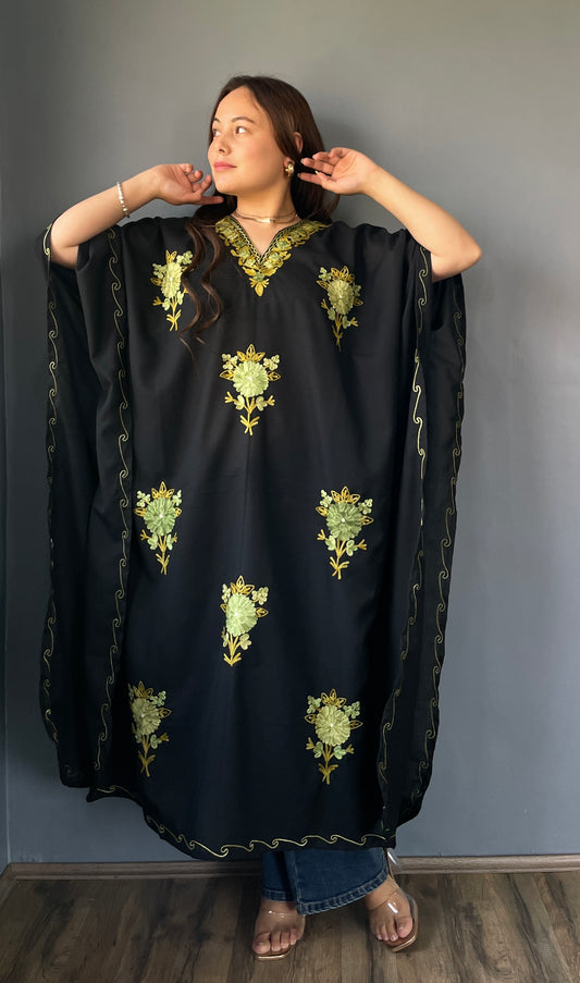 Aari Embroidered Cotton Kaftan | Black With Green And Mint Green Embroidery