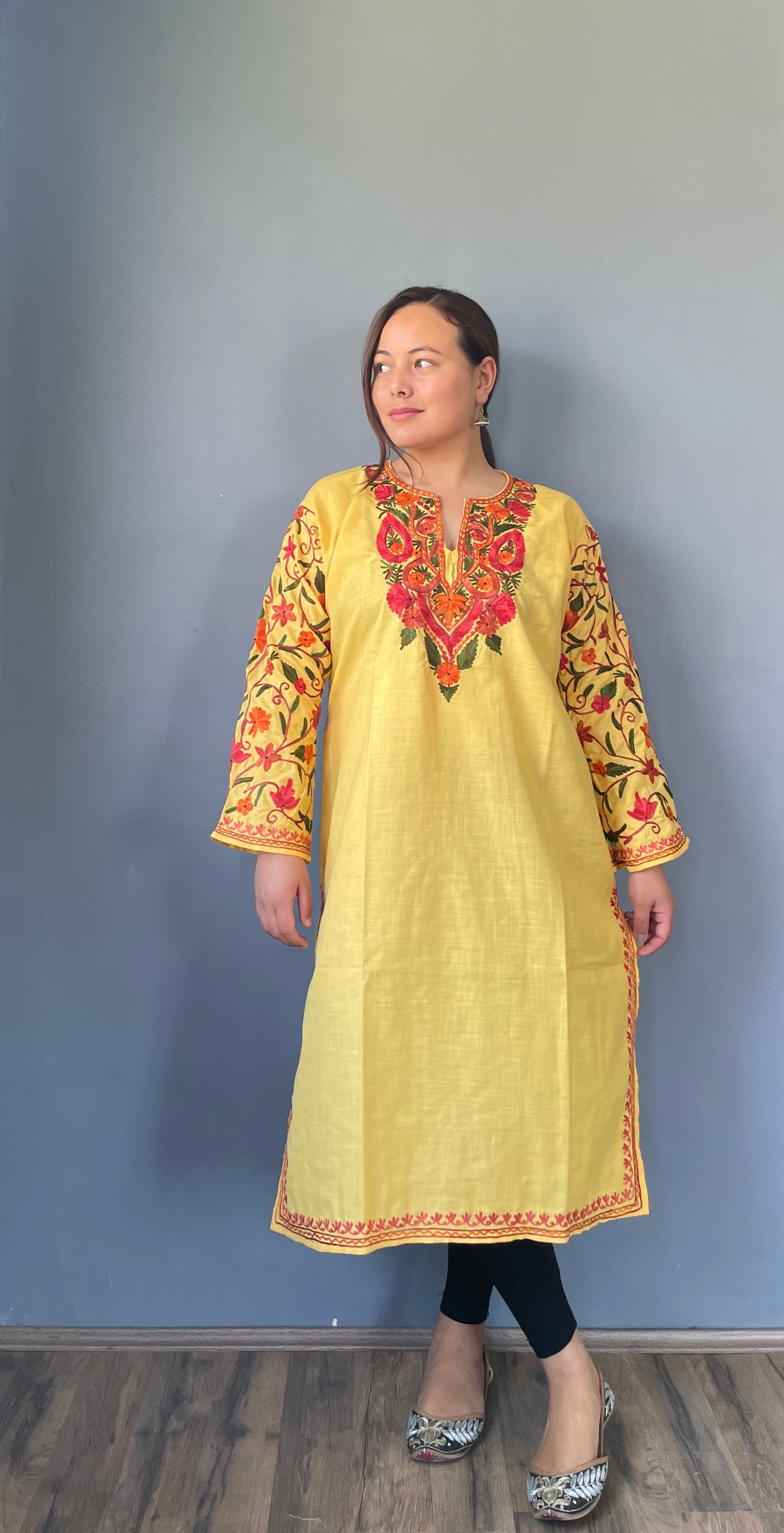 Sonzal Kurti | Daisy Yellow With Red And Green Embroidery