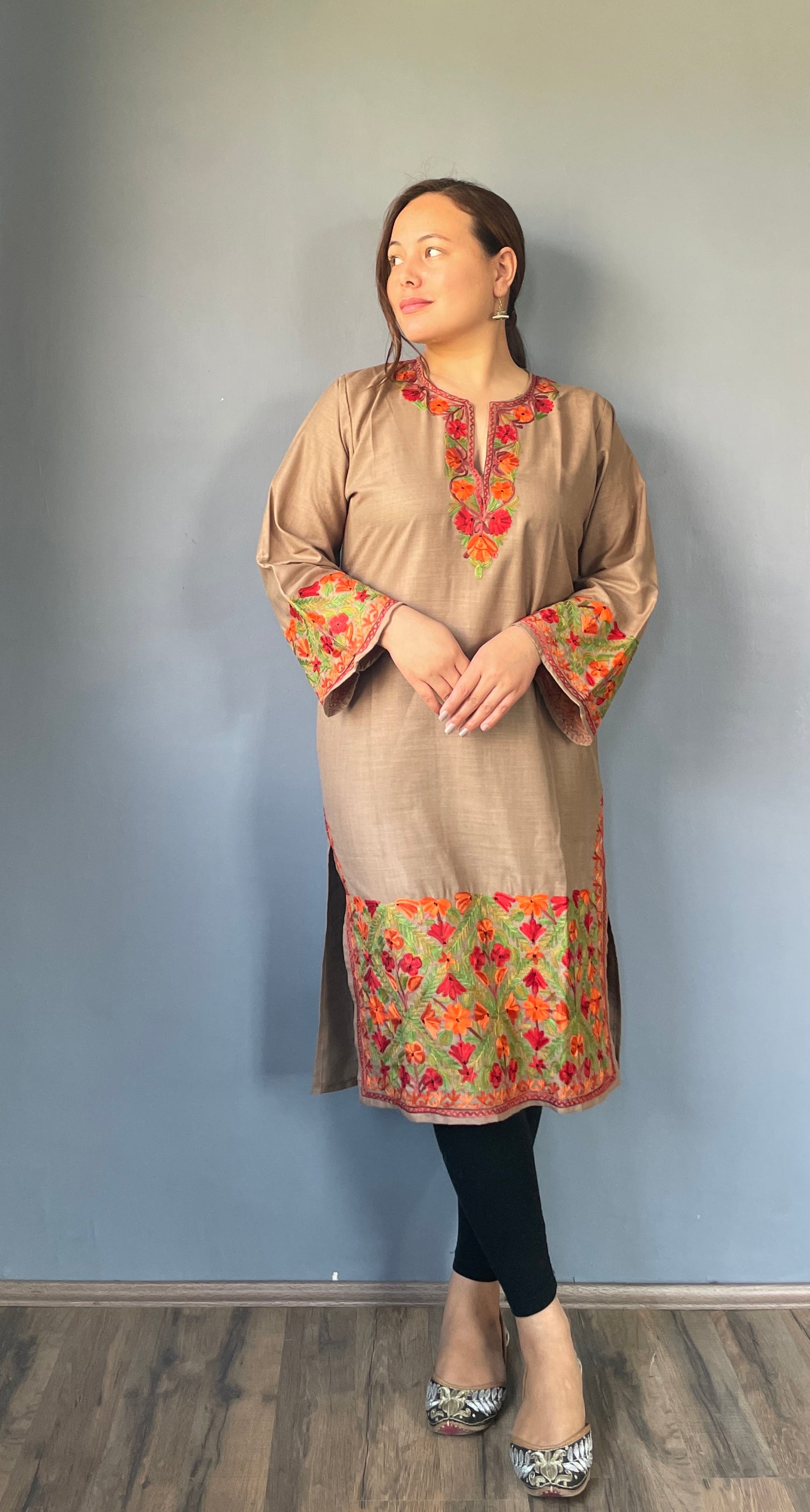 Sonzal Kurti | Pashmina Brown With Green Embroidery