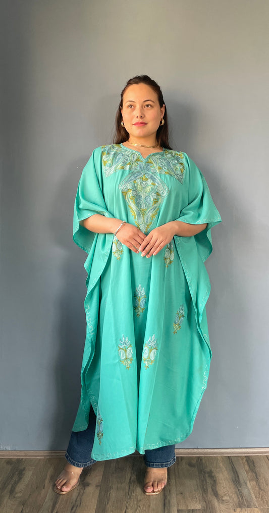 Aari Embroidered Cotton Kaftan | Turquoise Blue With Blue Embroidery