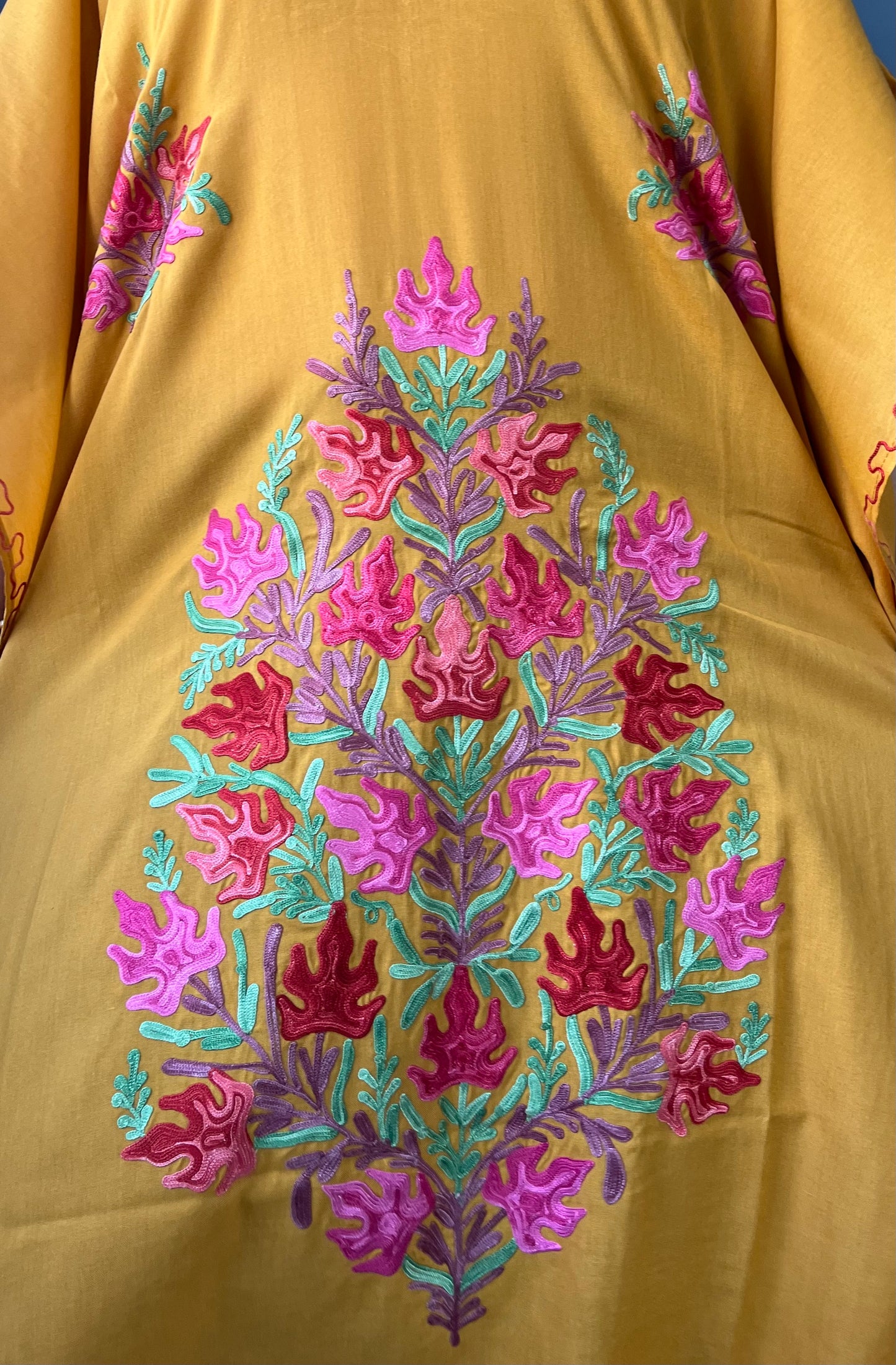 Aari Embroidered Cotton Kaftan | Mustard Yellow With Pink Embroidery