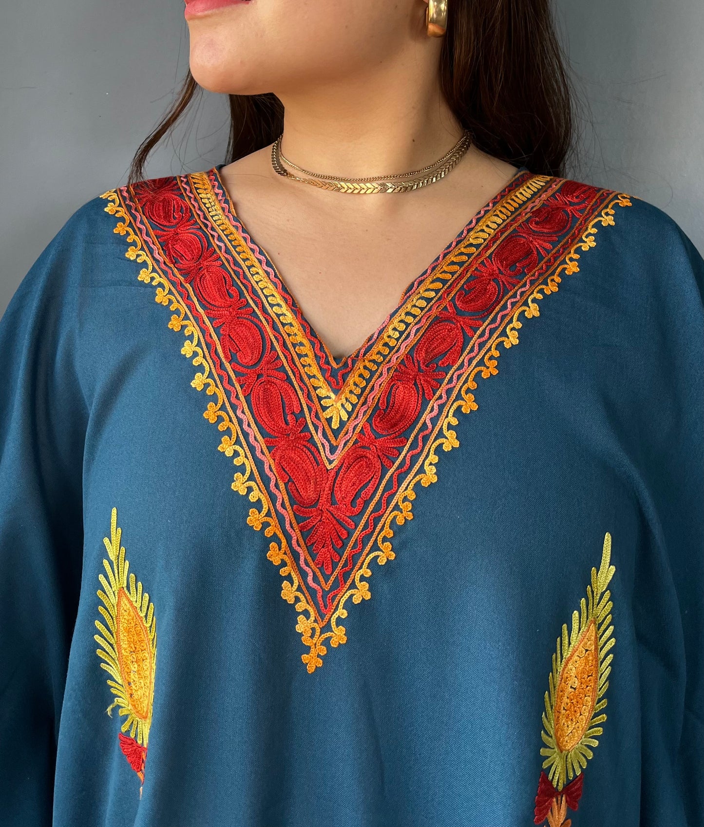 Aari Embroidered Cotton Kaftan | Teal Blue With Red and Golden Embroidery