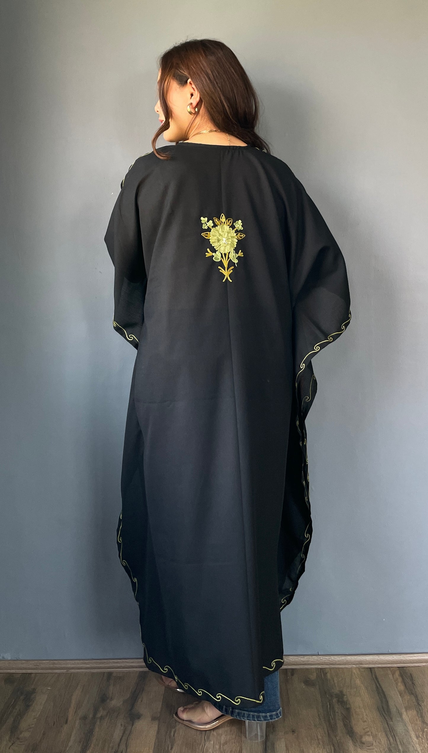 Aari Embroidered Cotton Kaftan | Black With Green Embroidery