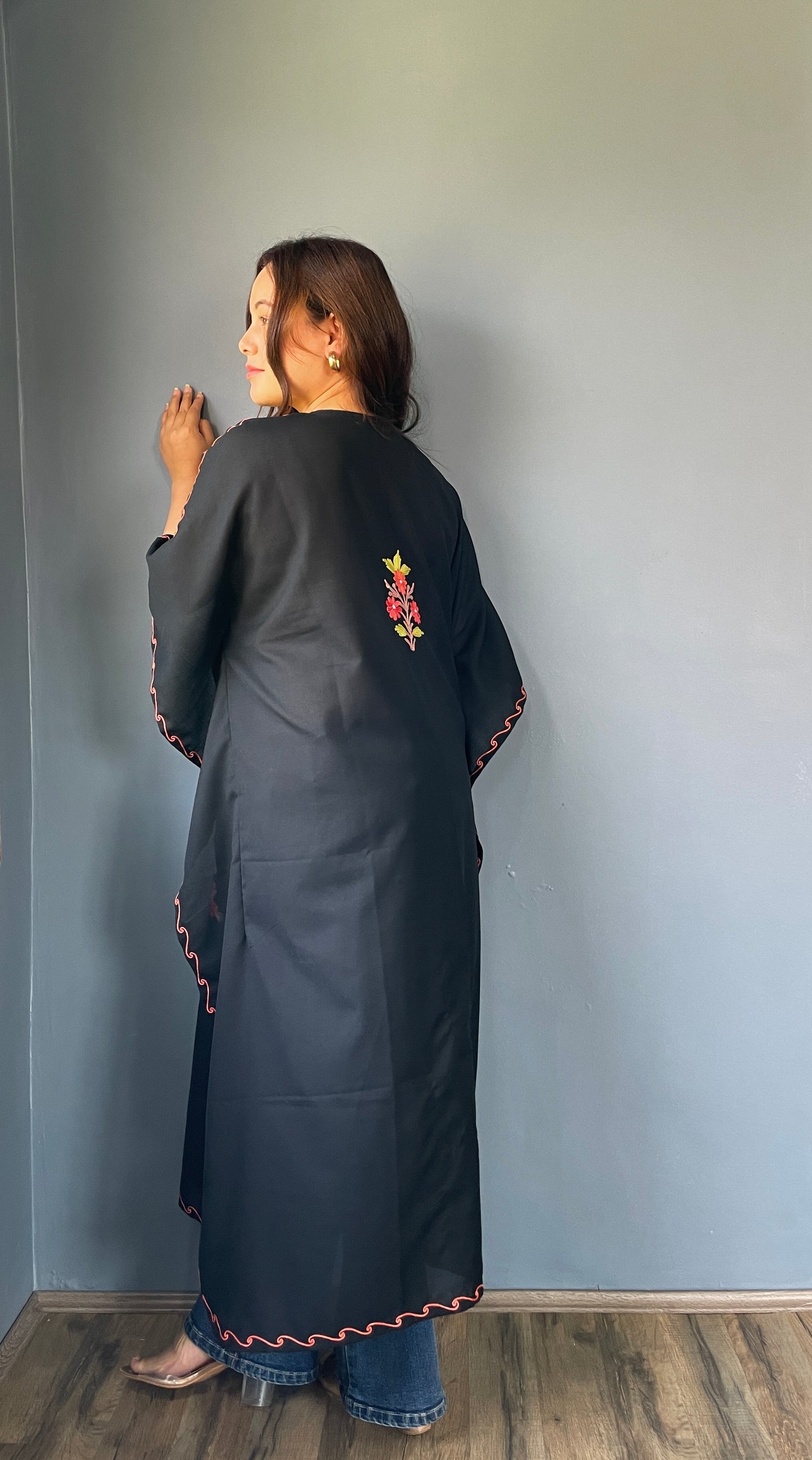 Aari Embroidered Cotton Kaftan | Black With Green And Red Embroidery