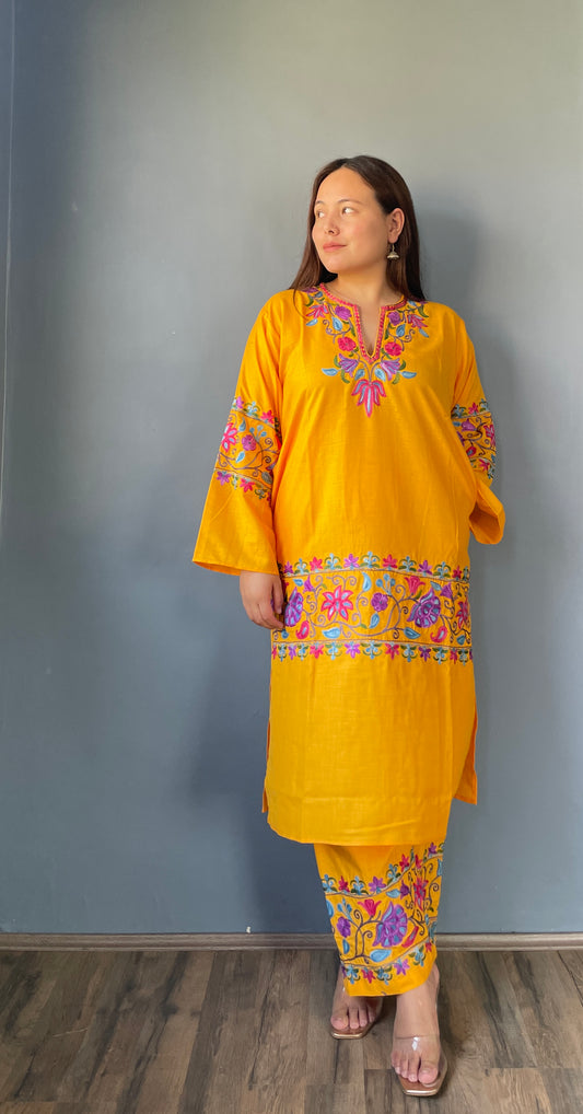 Coord | Bright Yellow | Purple And Blue Aari Embroidered