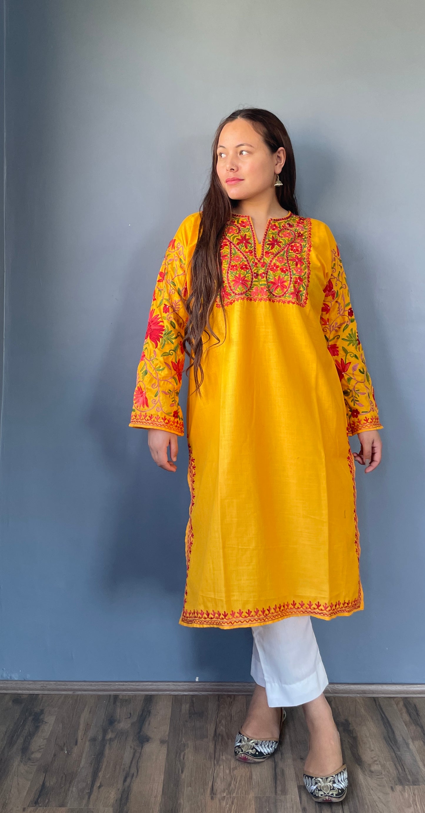 Sonzal Kurti | Bright Yellow With Red And Green Embroidery