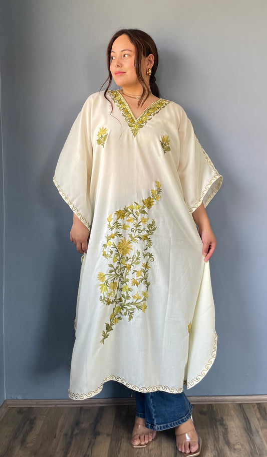 Aari Embroidered Cotton Kaftan | White With Green and Olive Green Embroidery