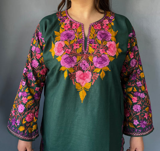 Sonzal Kurti | Bottle Green With Purple Embroidery