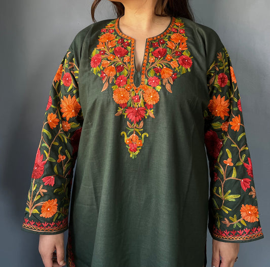 Sonzal Kurti | Olive Green With Red and Orange Embroidery