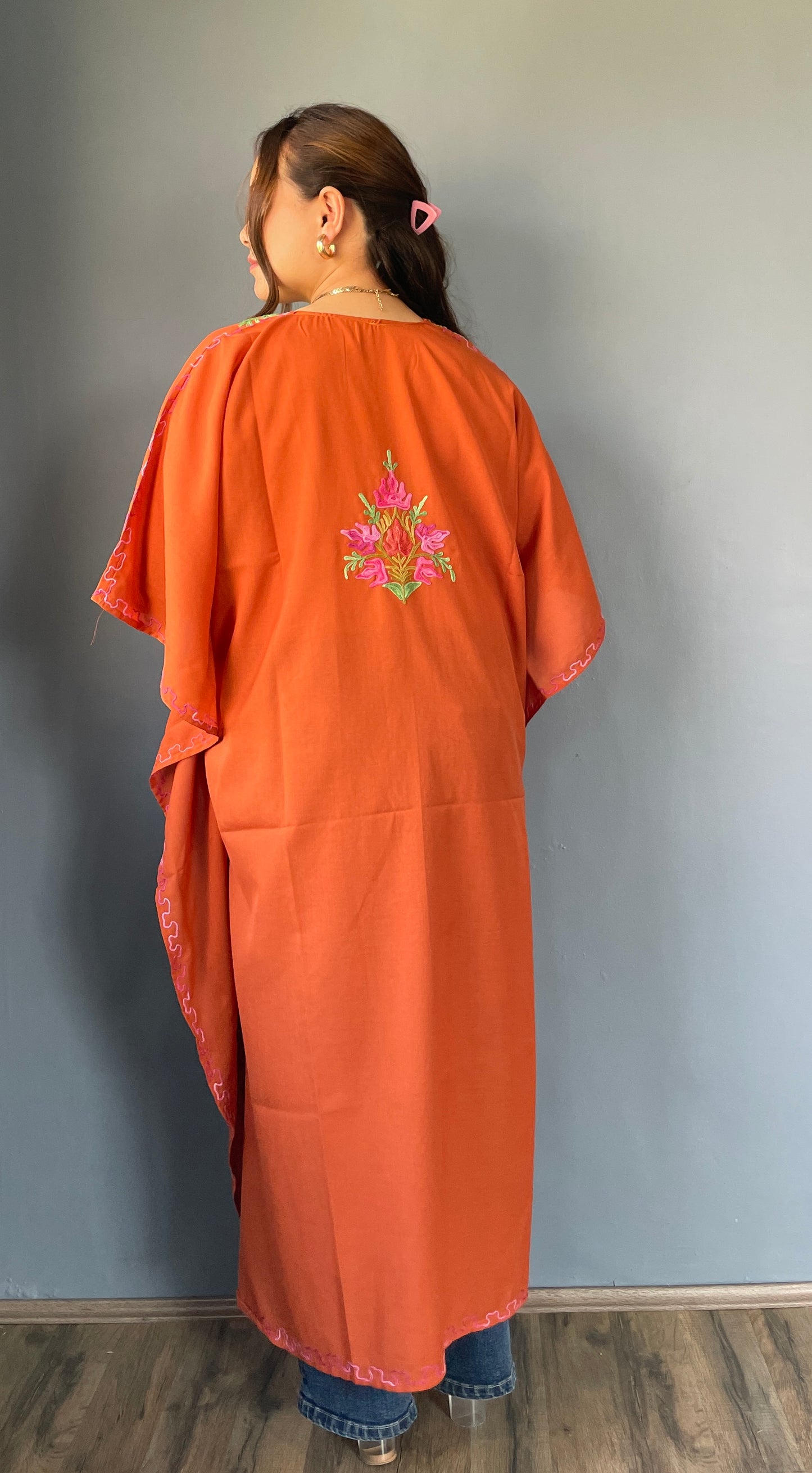 Aari Embroidered Cotton Kaftan | Orange With Green And Pink Embroidery