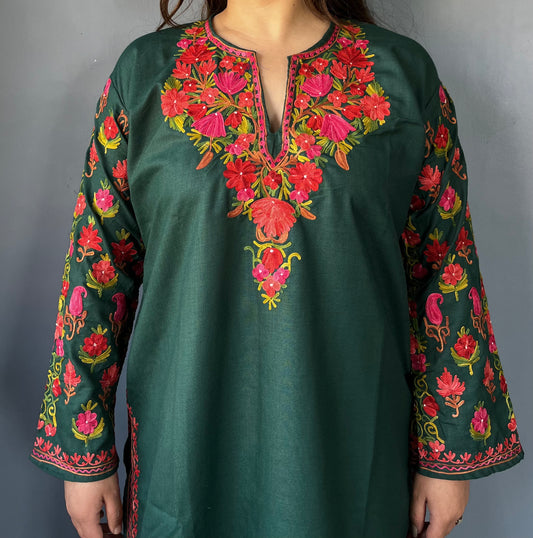 Sonzal Kurti | Bottle Green With Red and Pink Embroidery