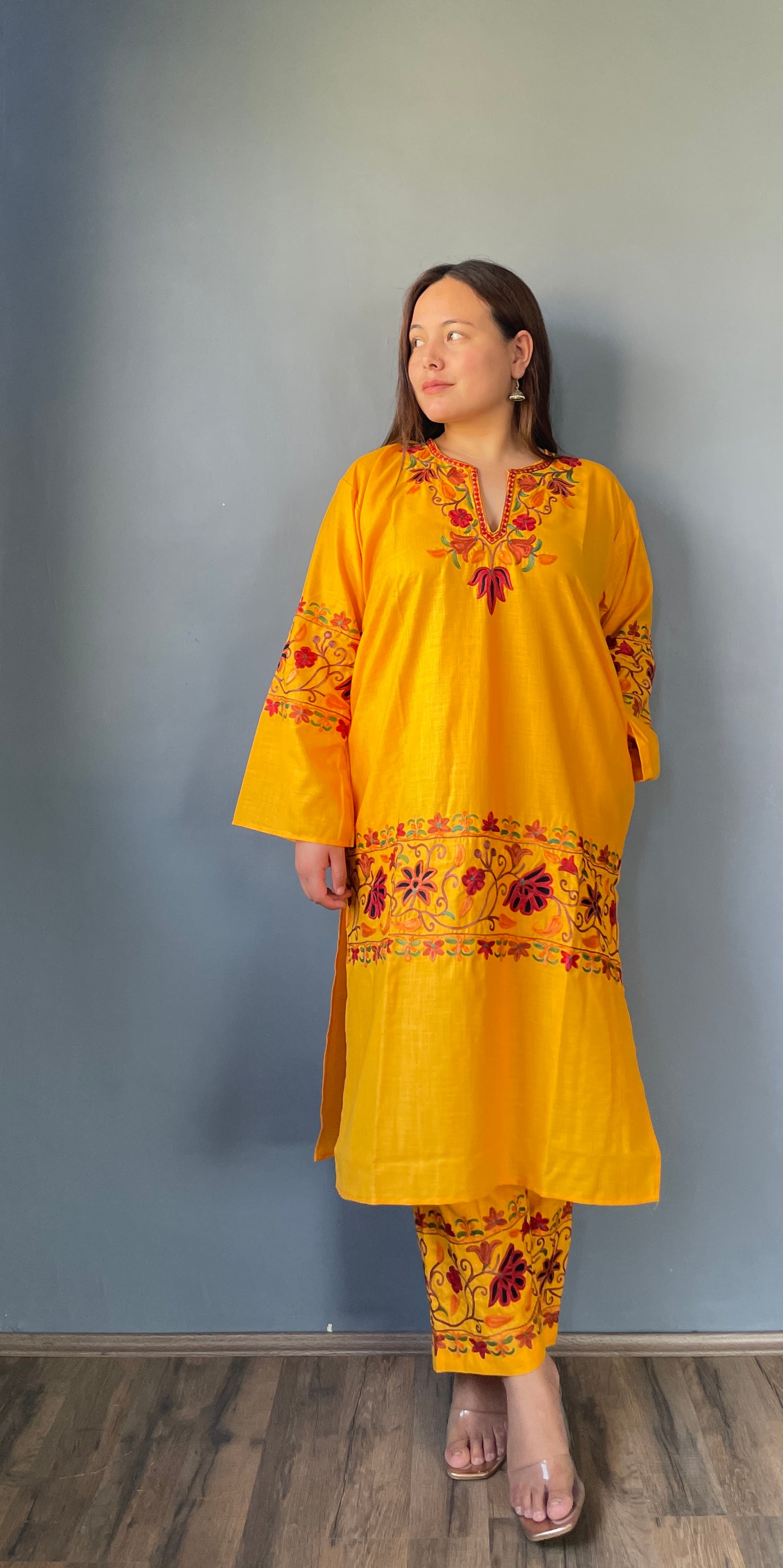 Coord | Bright Yellow | Red And Green Aari Embroidered