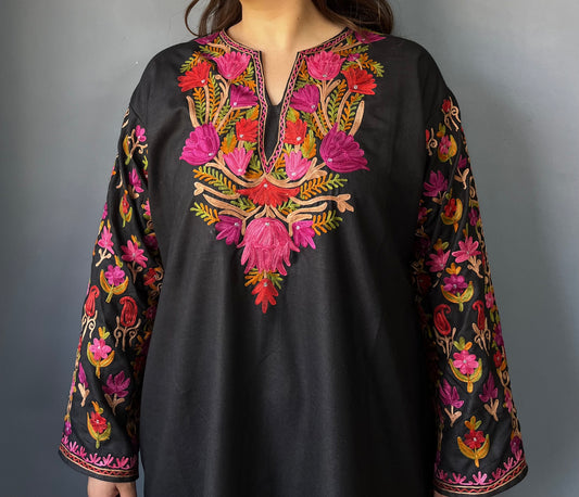 Sonzal Kurti | Black With Purple And Pink Embroidery