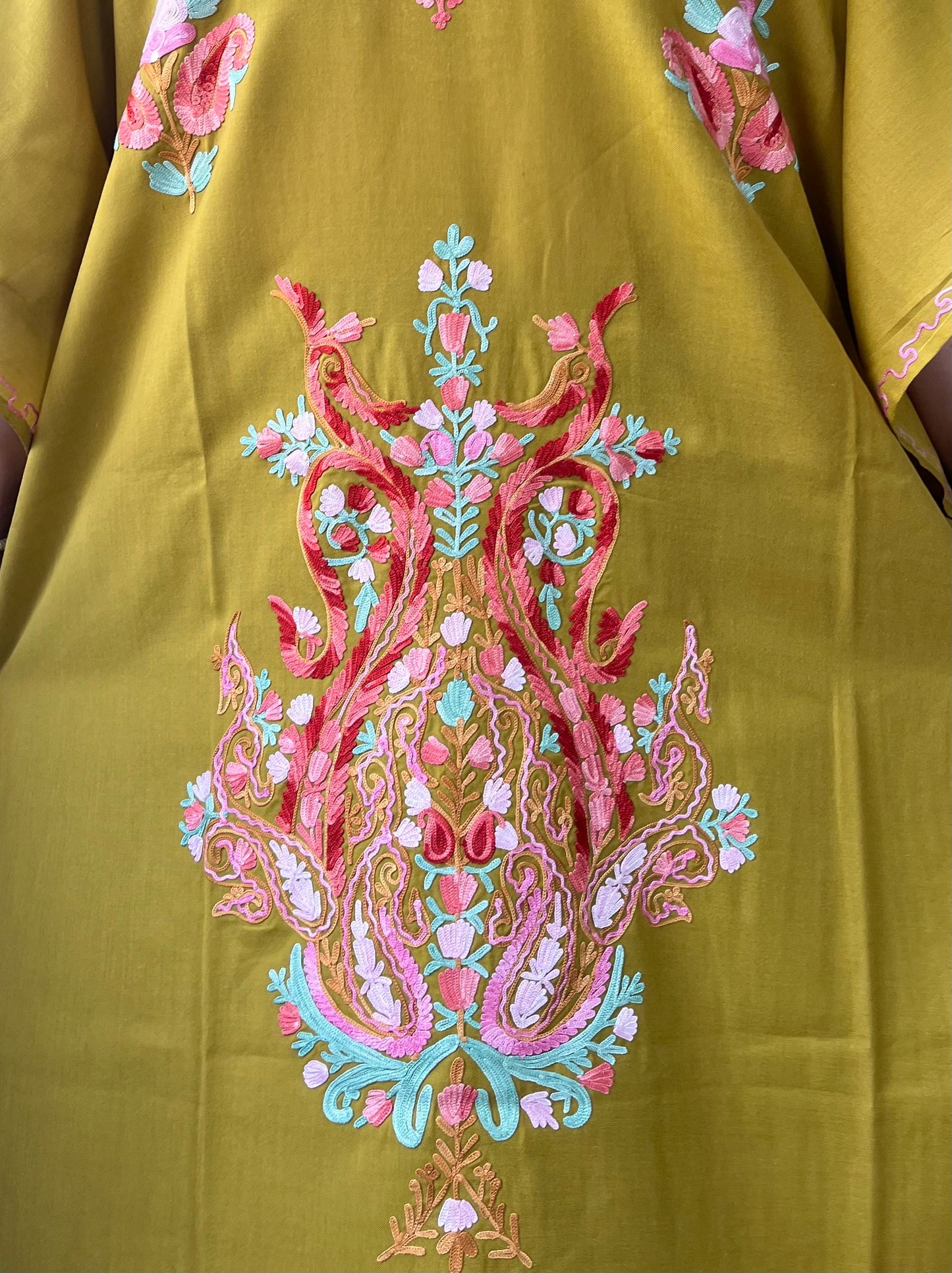 Aari Embroidered Cotton Kaftan | Saffron With Pink Embroidery