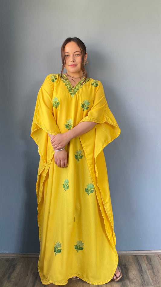 Aari Embroidered Cotton Kaftan | Bright Yellow With Green Embroidery