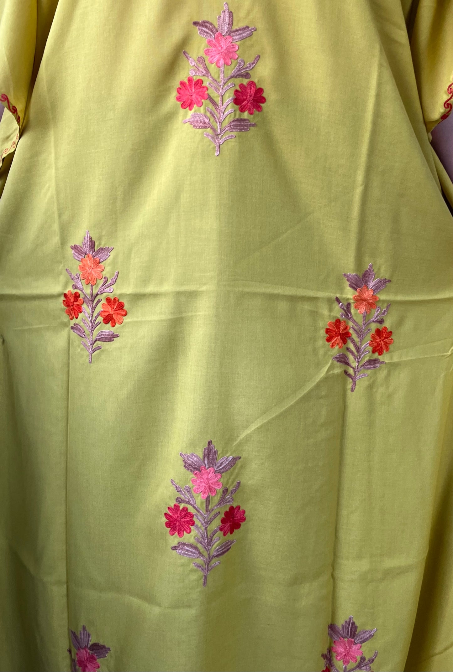 Aari Embroidered Cotton Kaftan | Light Green With Red Embroidery