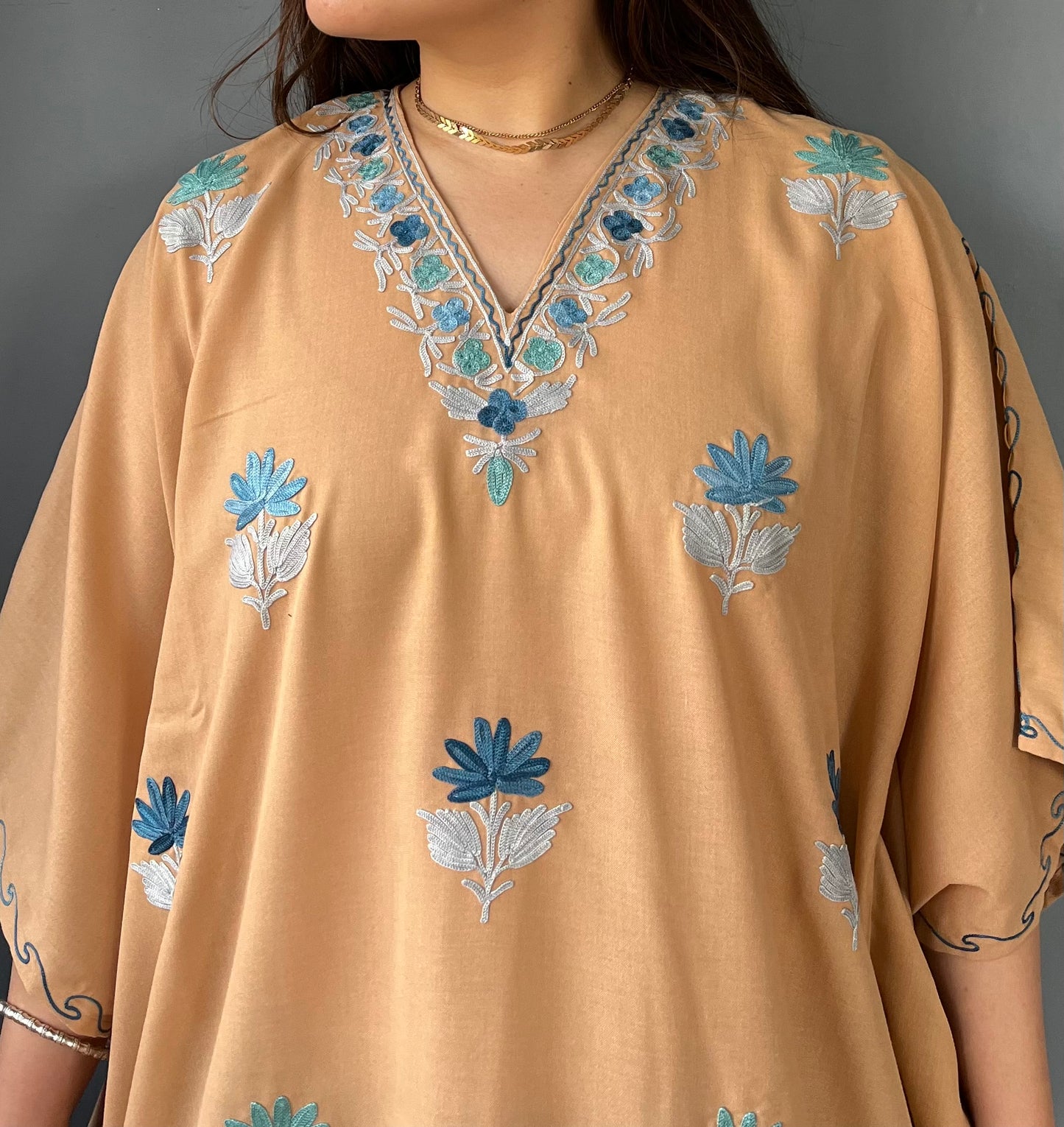 Aari Embroidered Cotton Kaftan | Desert Sand With Blue Embroidery