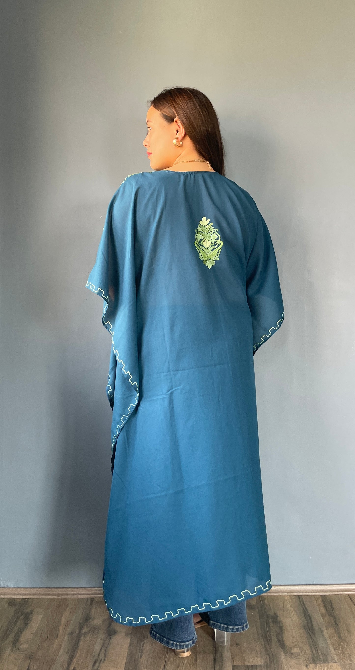 Aari Embroidered Cotton Kaftan | Teal Blue With Green Embroidery