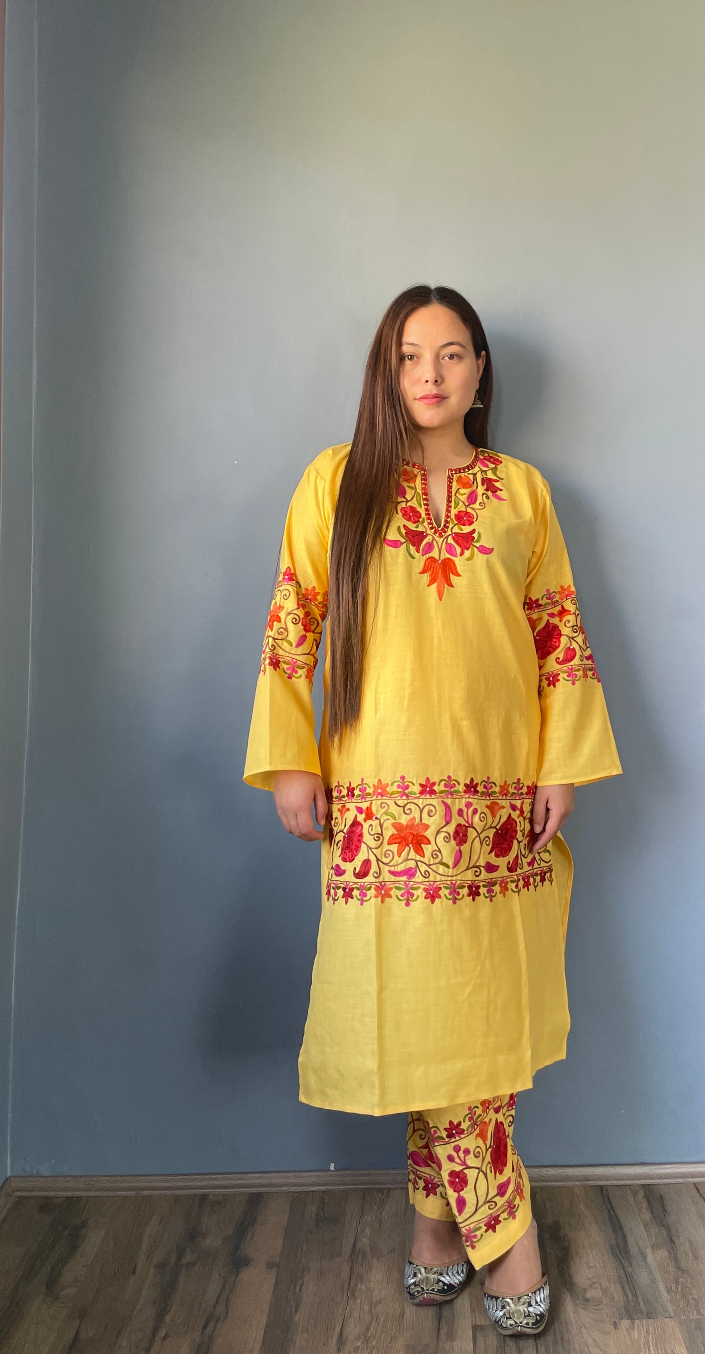 Coord | Daisy Yellow | Red And Orange Aari Embroidered