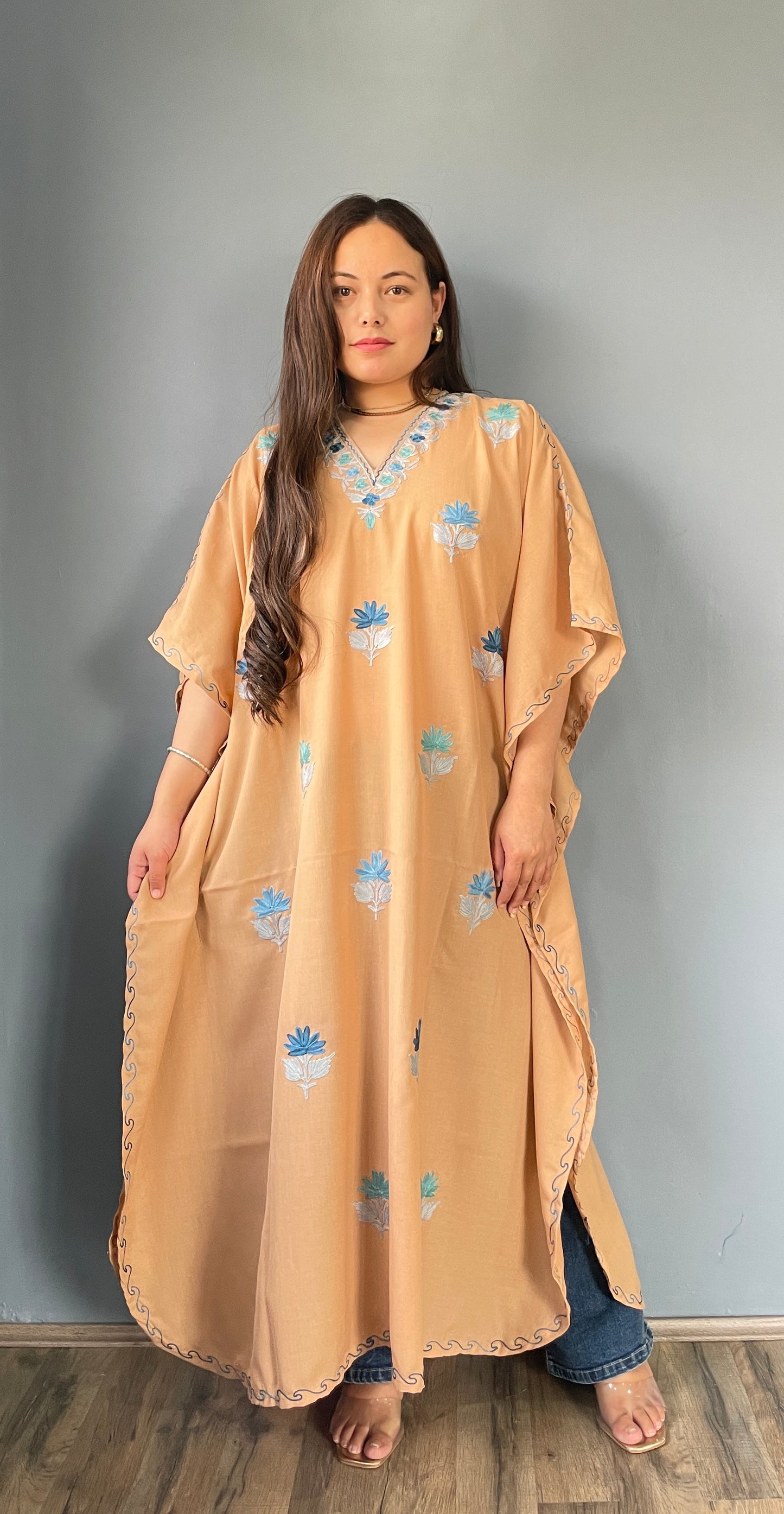 Aari Embroidered Cotton Kaftan | Desert Sand With Blue Embroidery