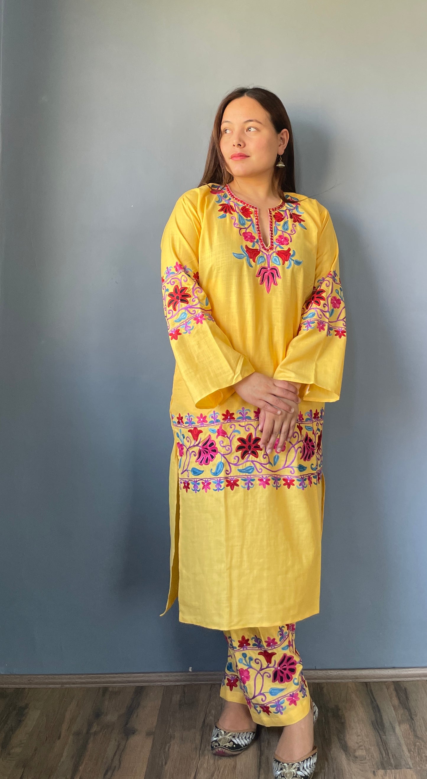 Coord | Daisy Yellow | Blue And Red Aari Embroidered