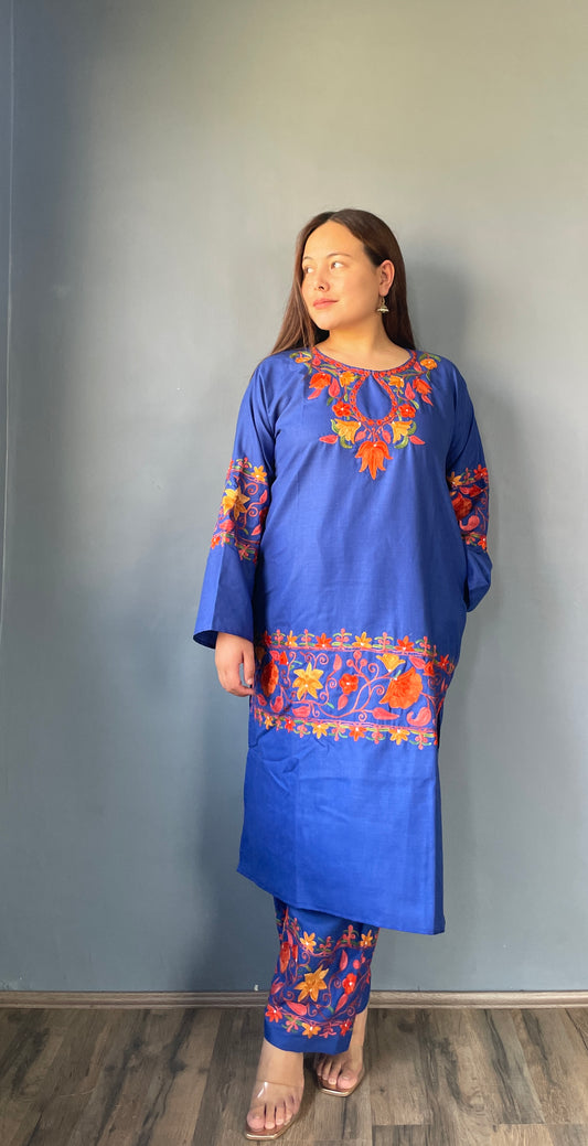 Coord | Blue | Red And Golden Aari Embroidered