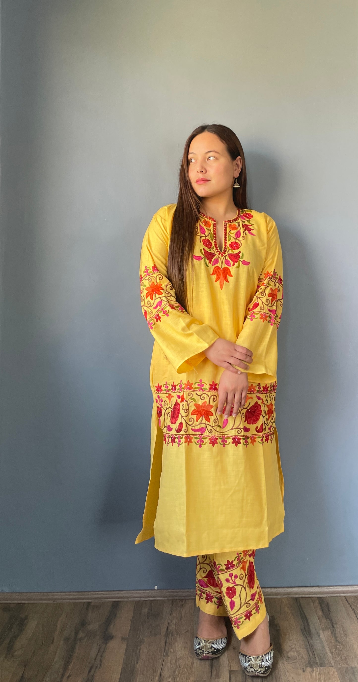 Coord | Daisy Yellow | Red And Orange Aari Embroidered