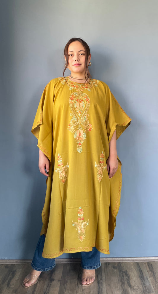 Aari Embroidered Cotton Kaftan | Saffron With Rust Embroidery