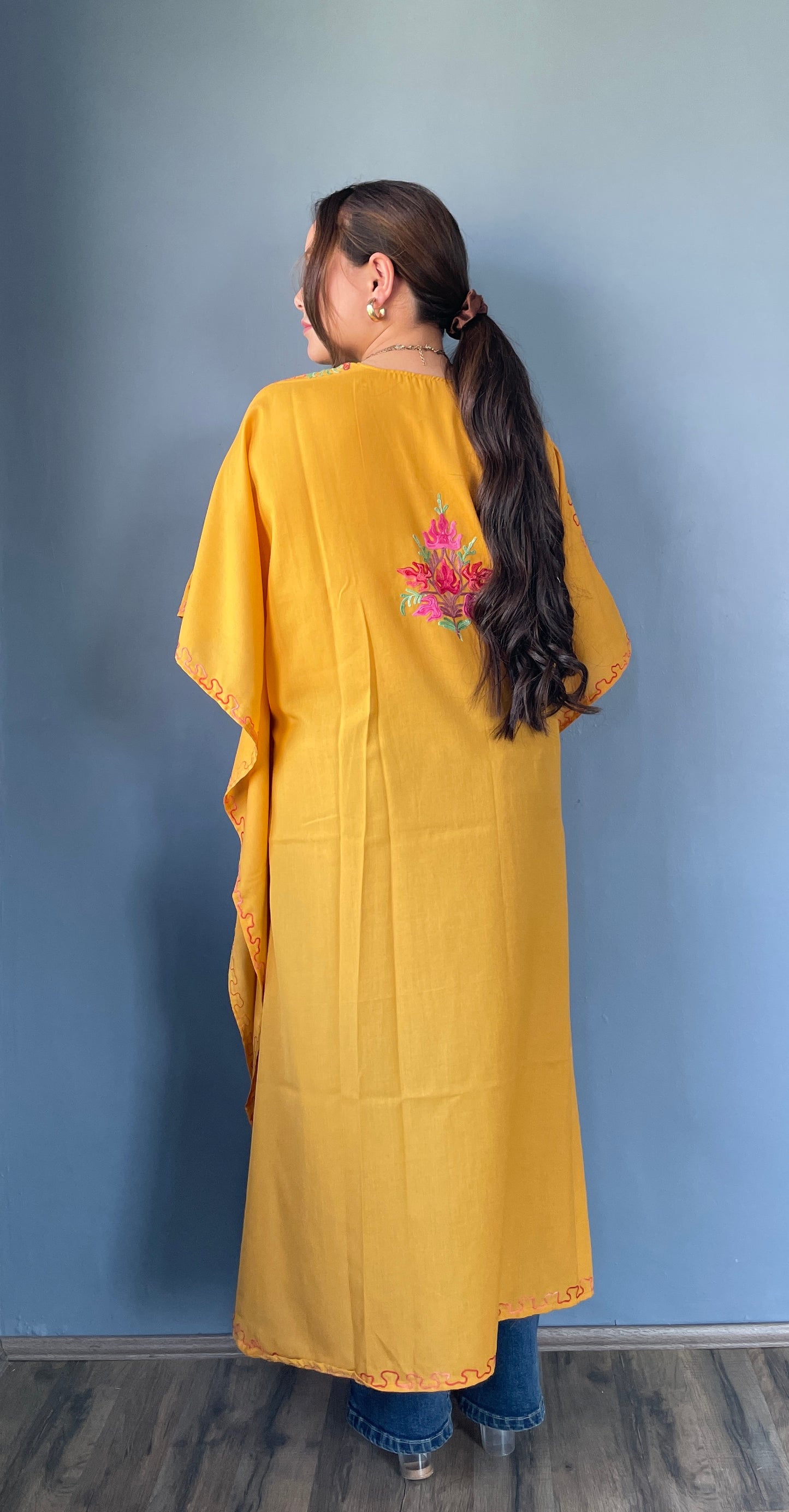 Aari Embroidered Cotton Kaftan | Mustard Yellow With Pink Embroidery