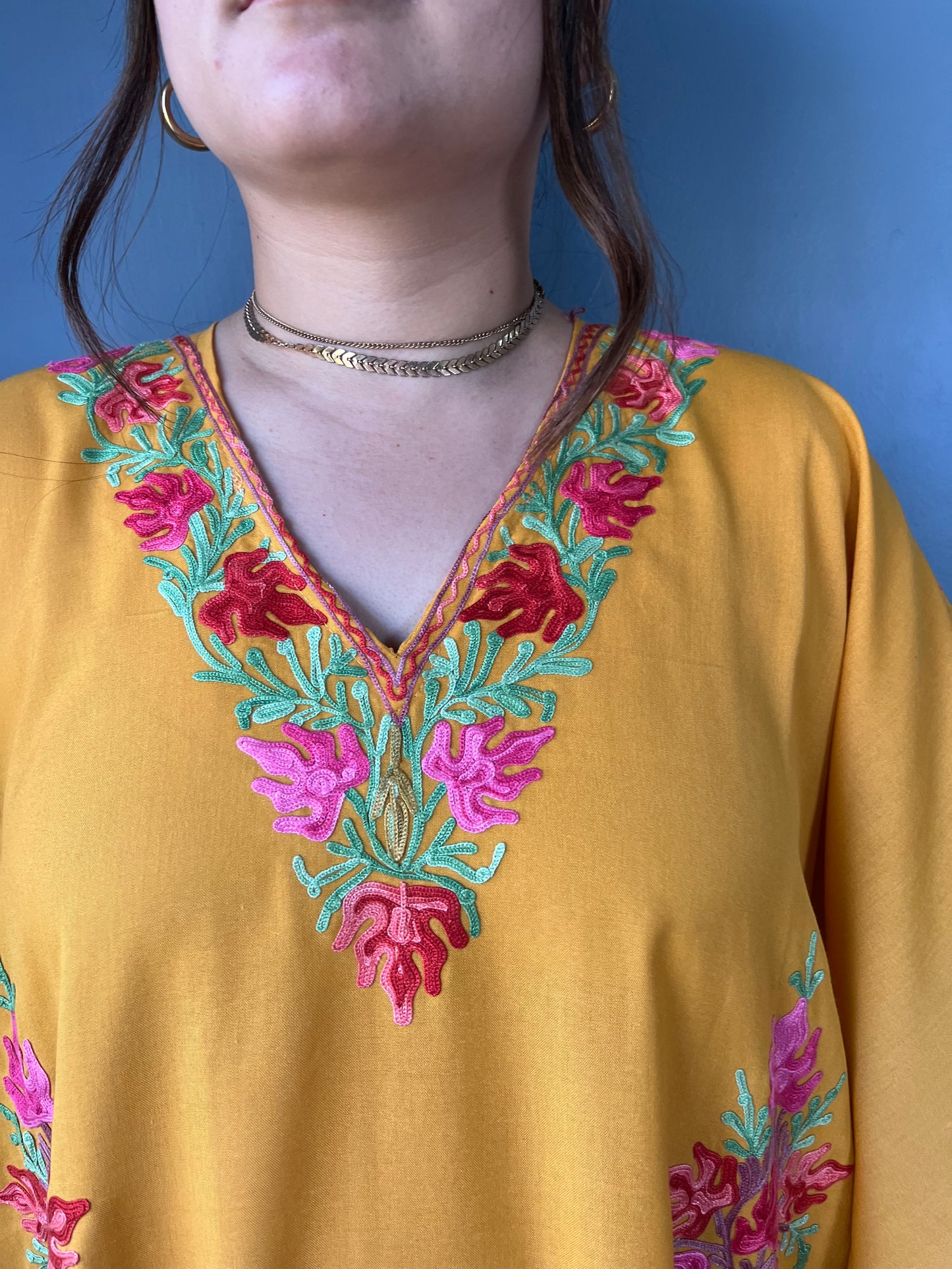 Aari Embroidered Cotton Kaftan | Mustard Yellow With Pink Embroidery