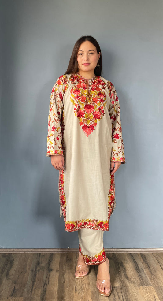 Bahaar Kurta Set |  Beige With Red Embroidery