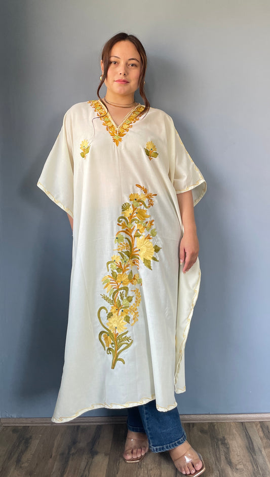 Aari Embroidered Cotton Kaftan | White With Golden and Olive Green Embroidery