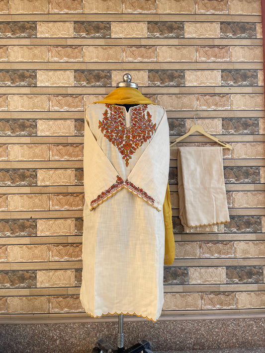 Sozni Embroidered Suit | Beige (Mustard Embroidery)