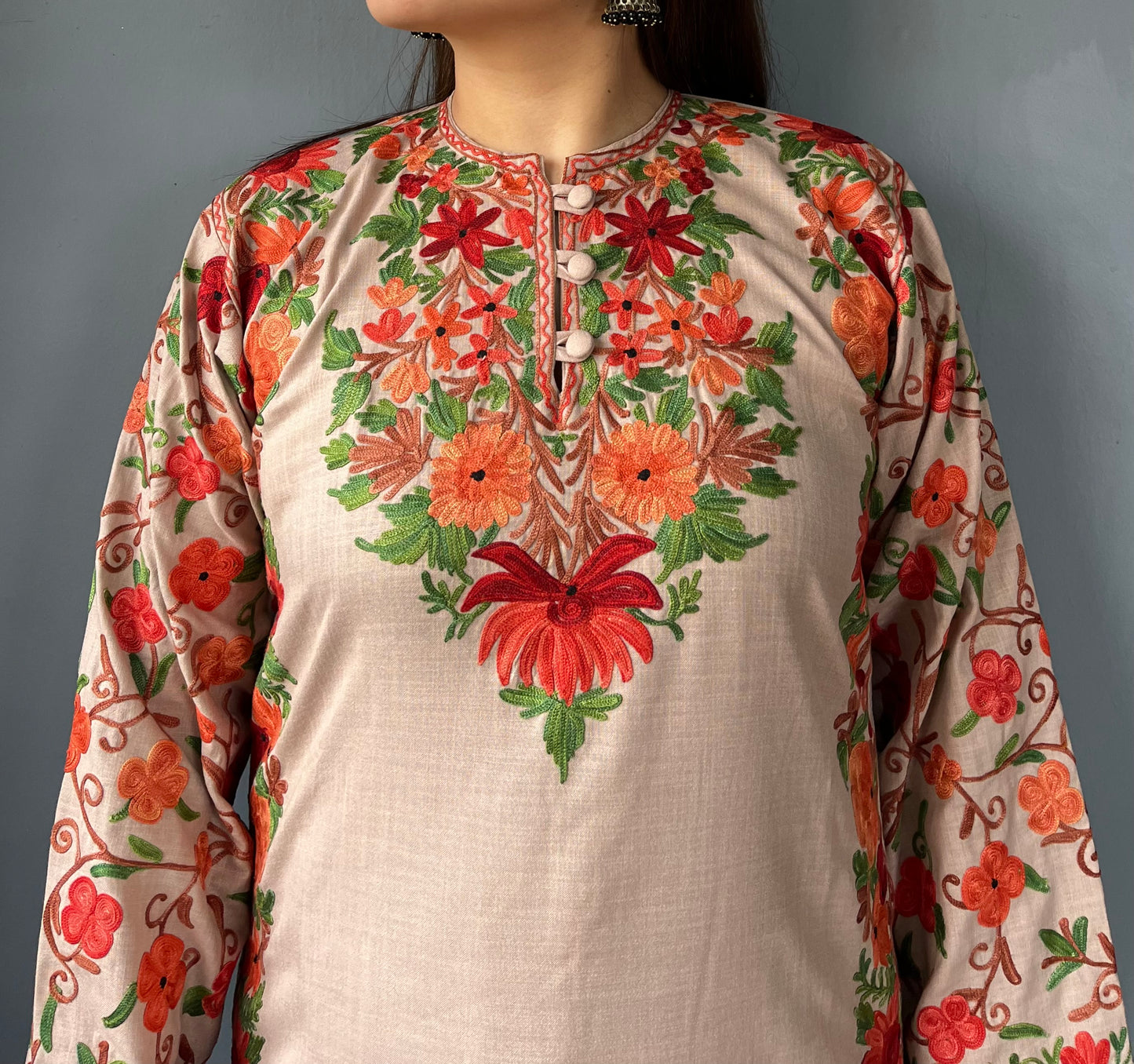 Bahaar Kurta Set | Almond Beige With Green Embroidery