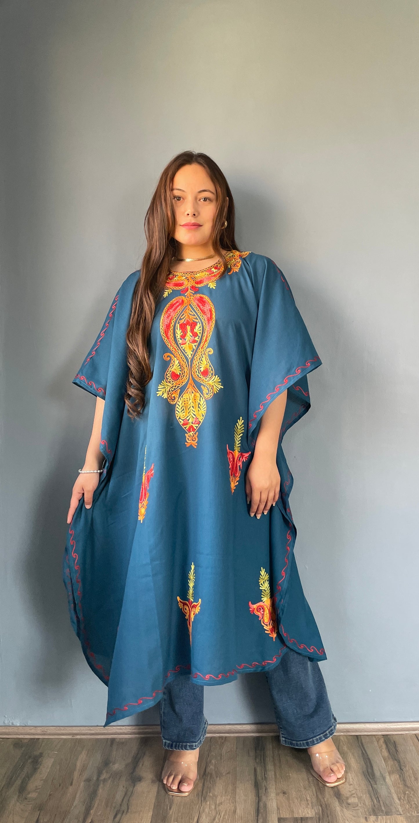 Aari Embroidered Cotton Kaftan | Teal Blue With Red and Green Embroidery