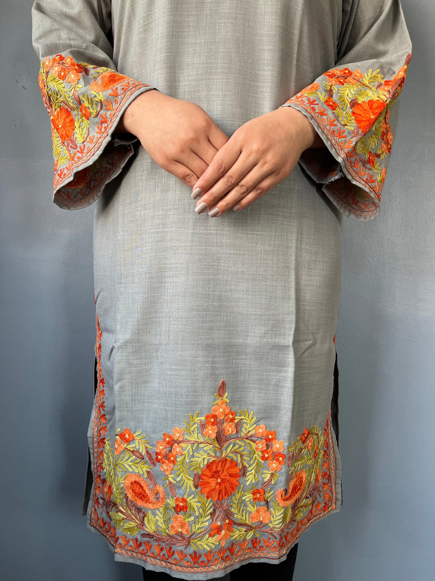 Sonzal Kurti | Pashmina Gray With Orange Embroidery