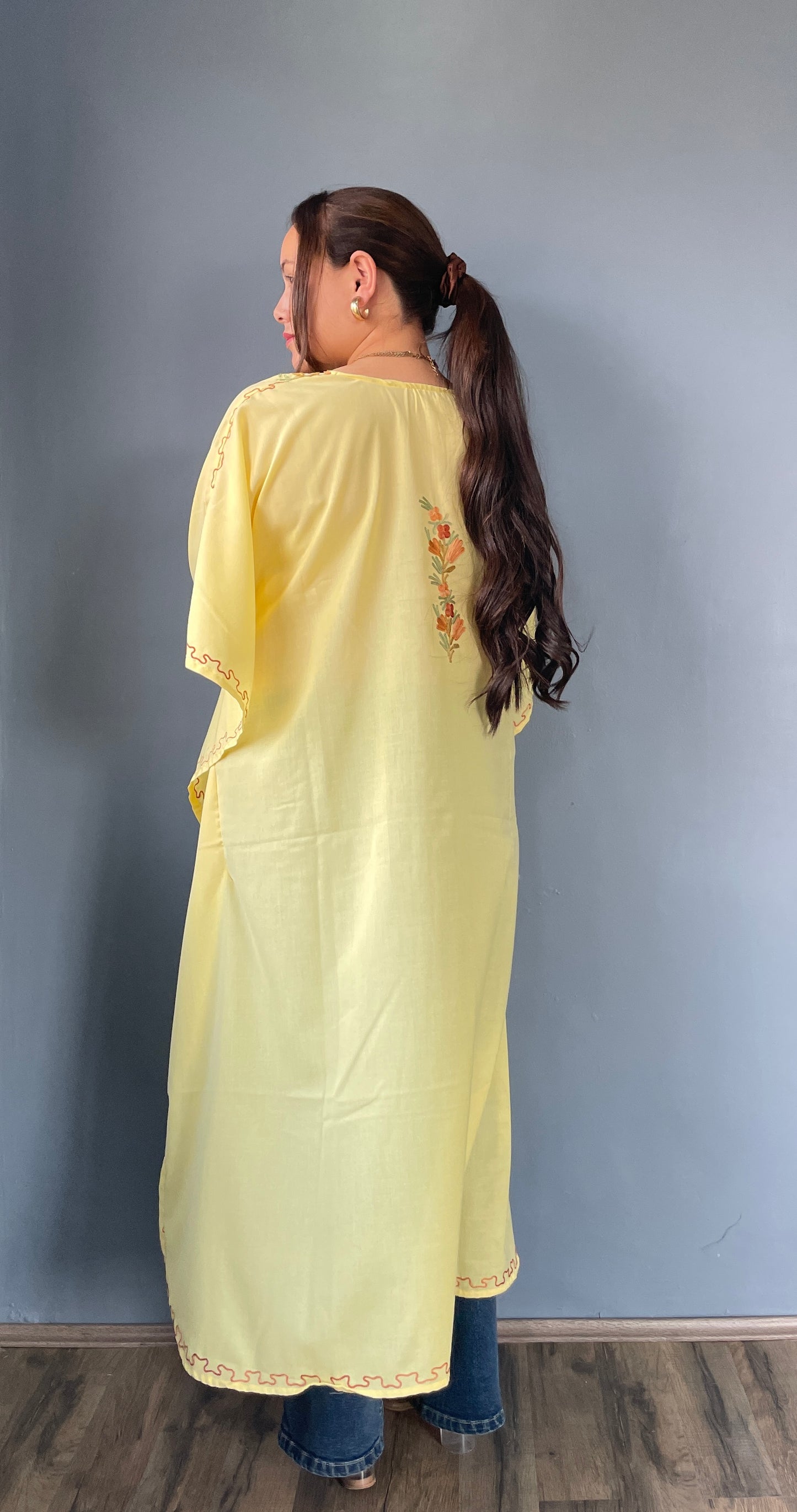 Aari Embroidered Cotton Kaftan | Pastel Yellow With Golden Embroidery