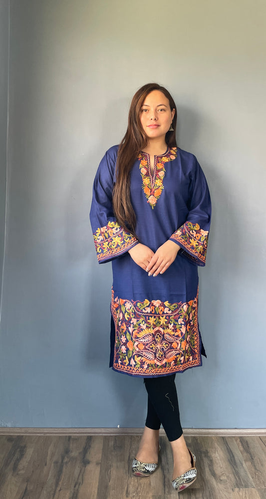 Sonzal Kurti | Navy Blue With Orange Embroidery