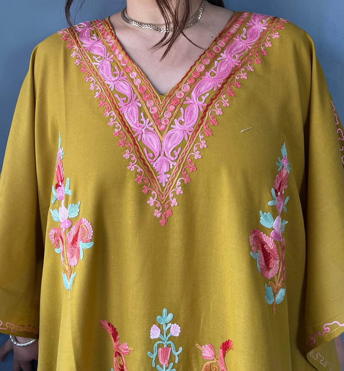 Aari Embroidered Cotton Kaftan | Saffron With Pink Embroidery