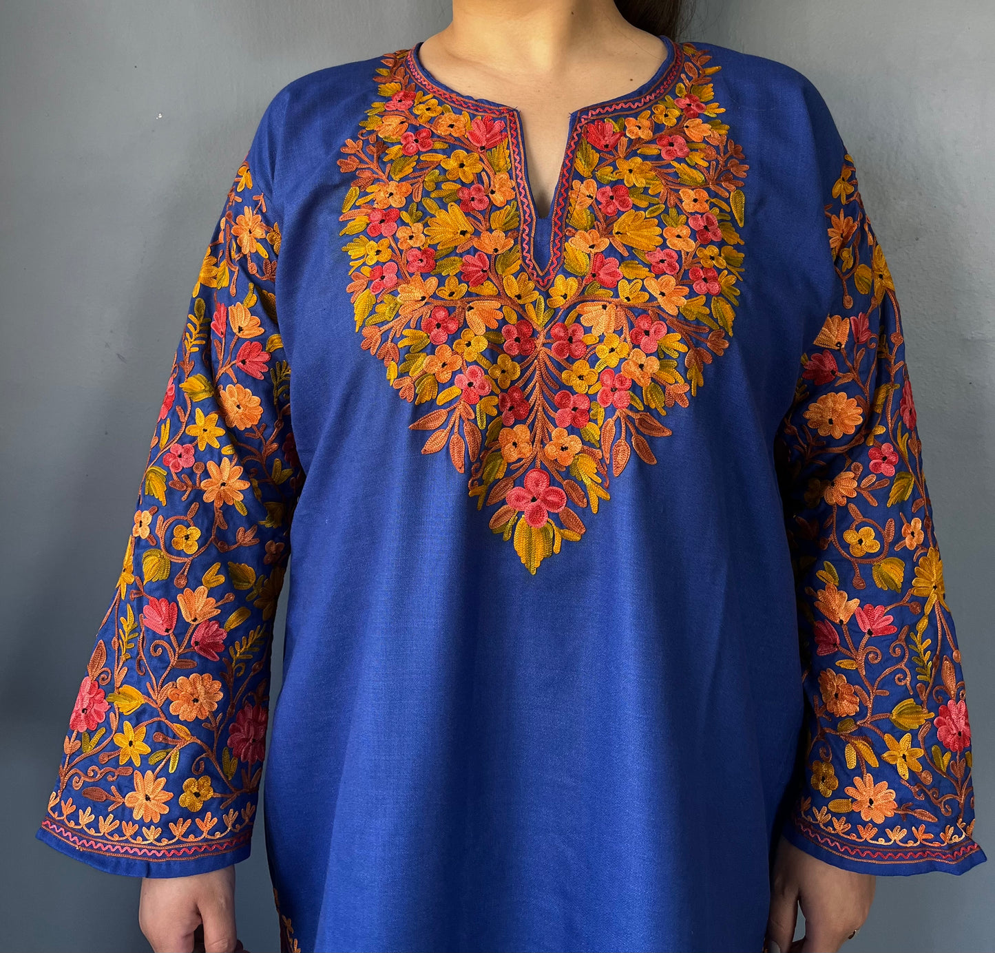 Sonzal Kurti | Royal Blue With Olive Green Embroidery