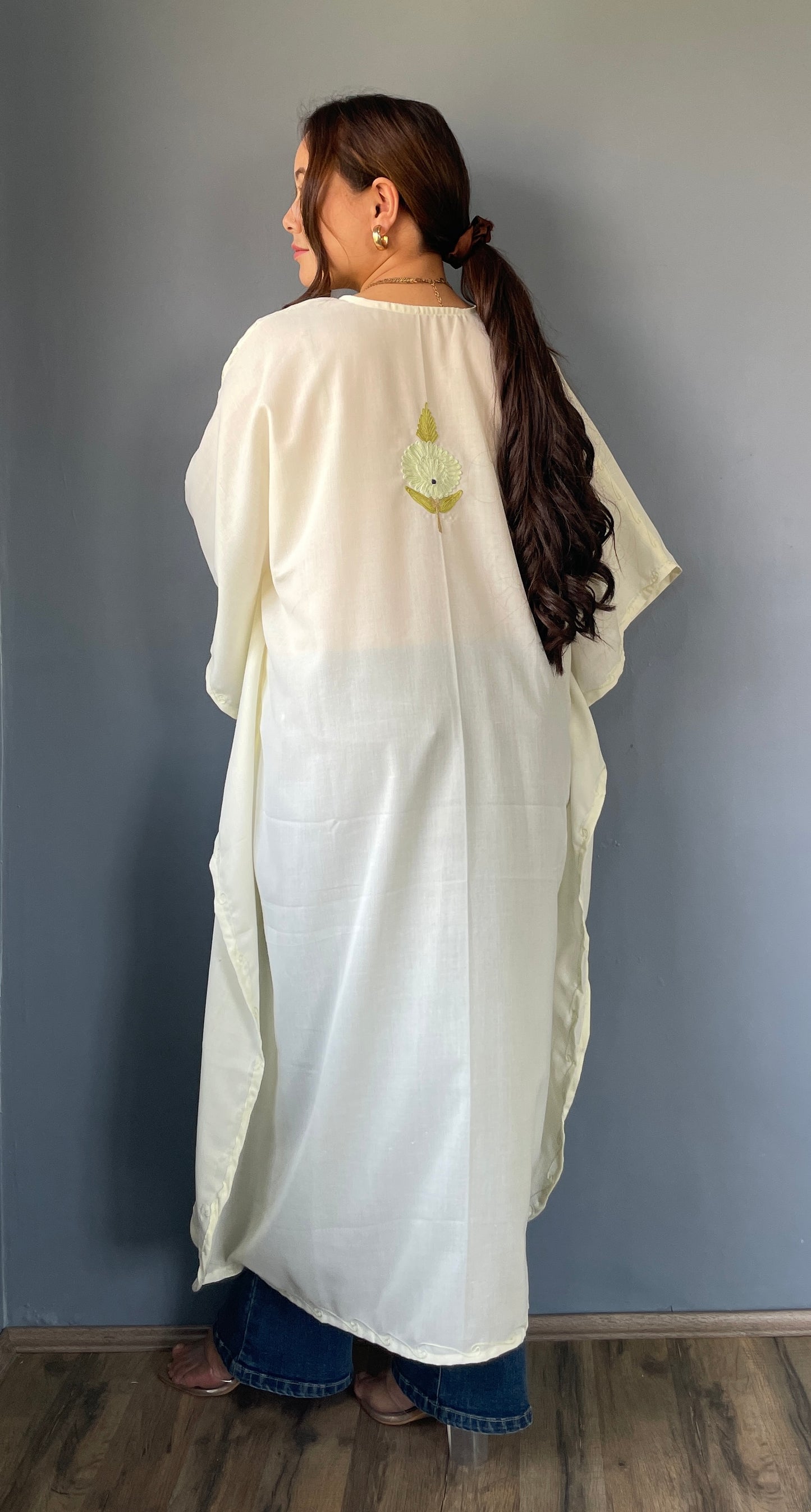 Aari Embroidered Cotton Kaftan | White With Green Embroidery