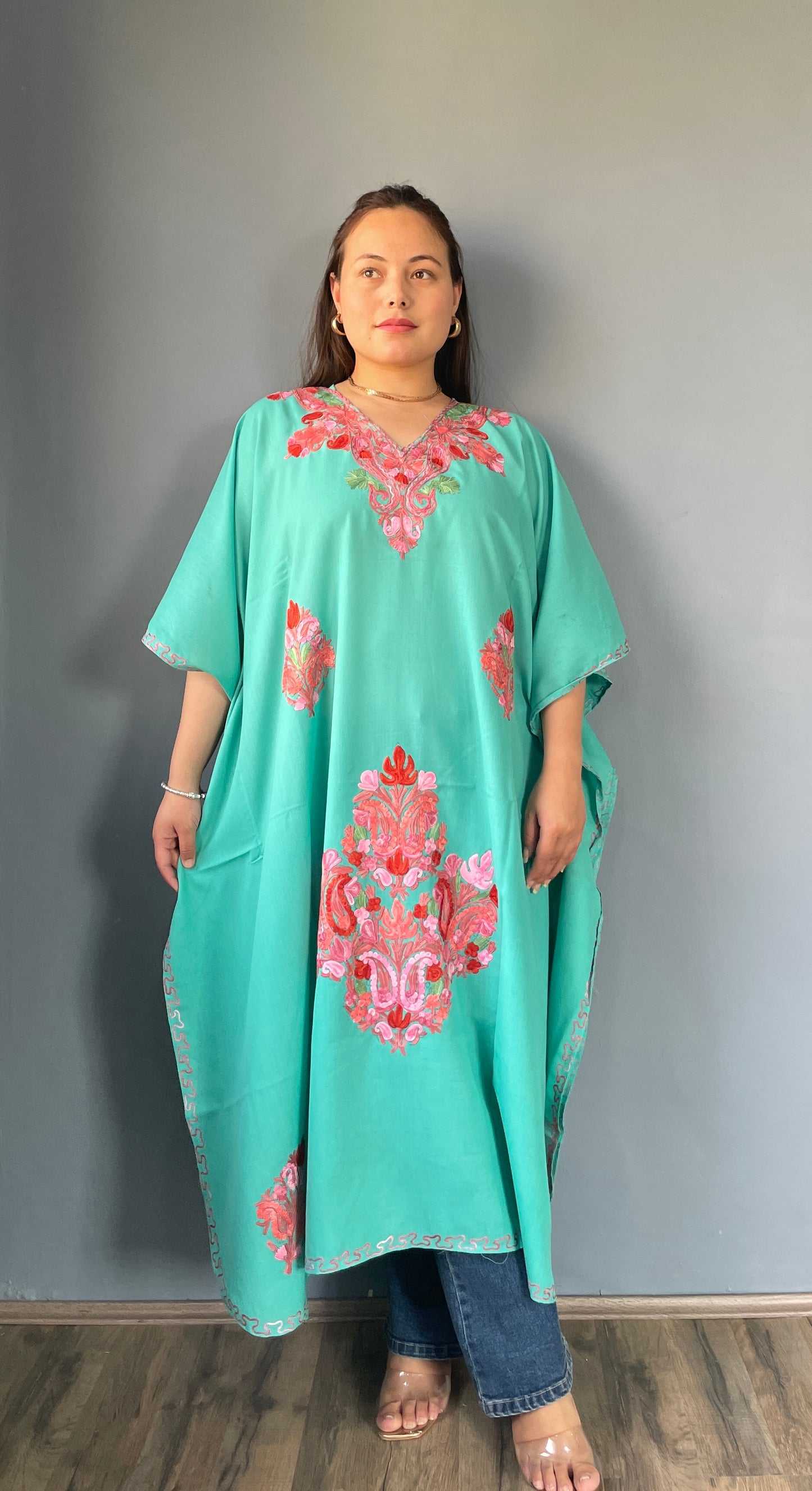 Aari Embroidered Cotton Kaftan | Turquoise Blue With Red And Pink Embroidery