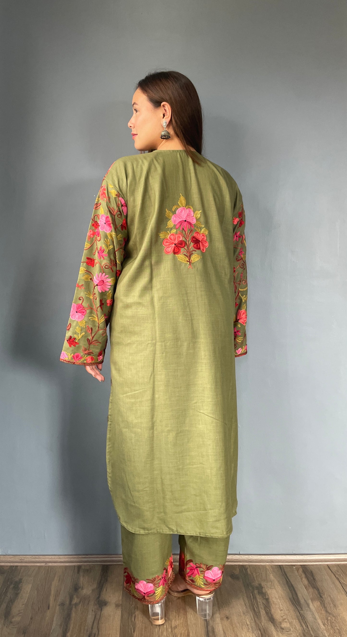 Bahaar Kurta Set | Olive Green With Pink Embroidery