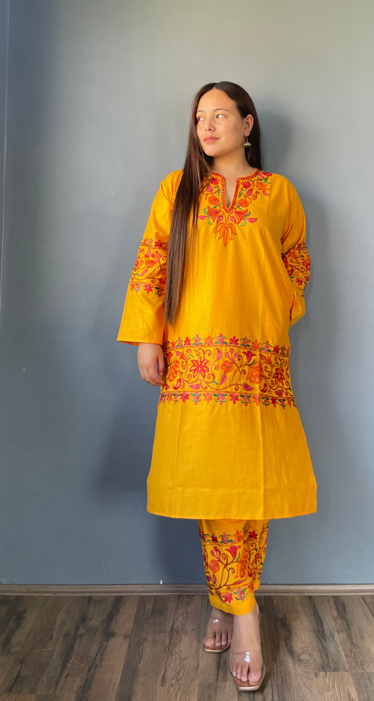 Coord | Bright Yellow | Orange And Green Aari Embroidered