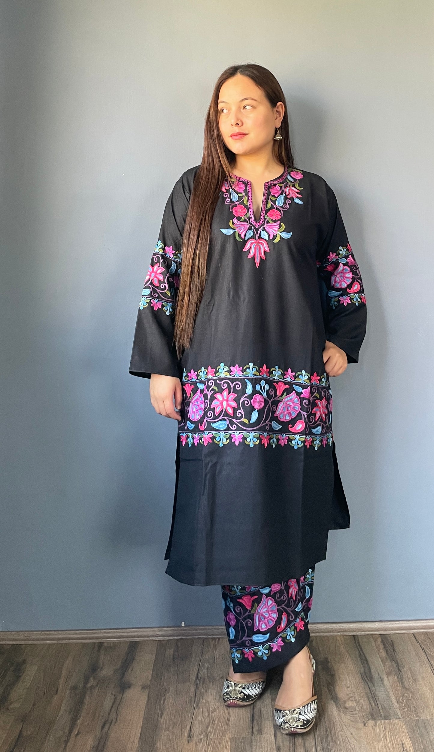 Coord | Black | Blue And Pink Aari Embroidered