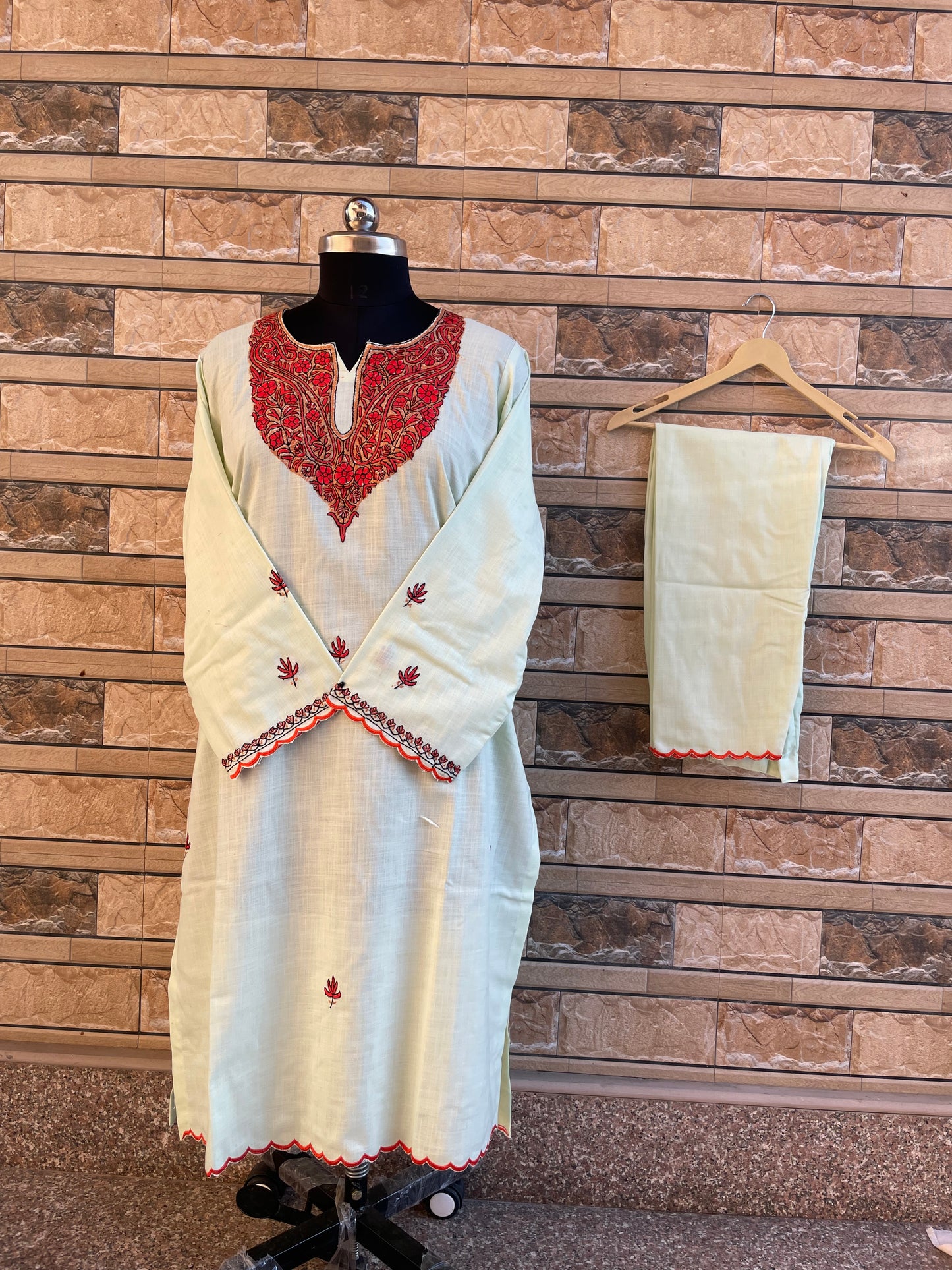 Sozni Embroidered Suit | Mint Green (Red Embroidery)