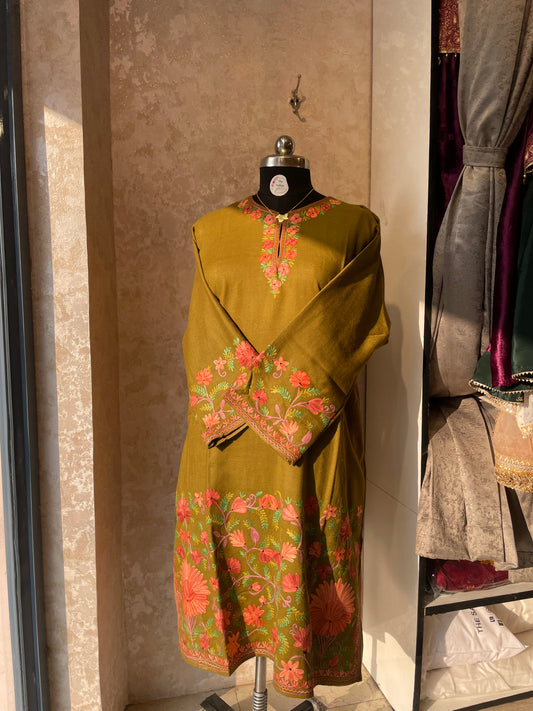 Aari Embroidered Pheran | Mustard