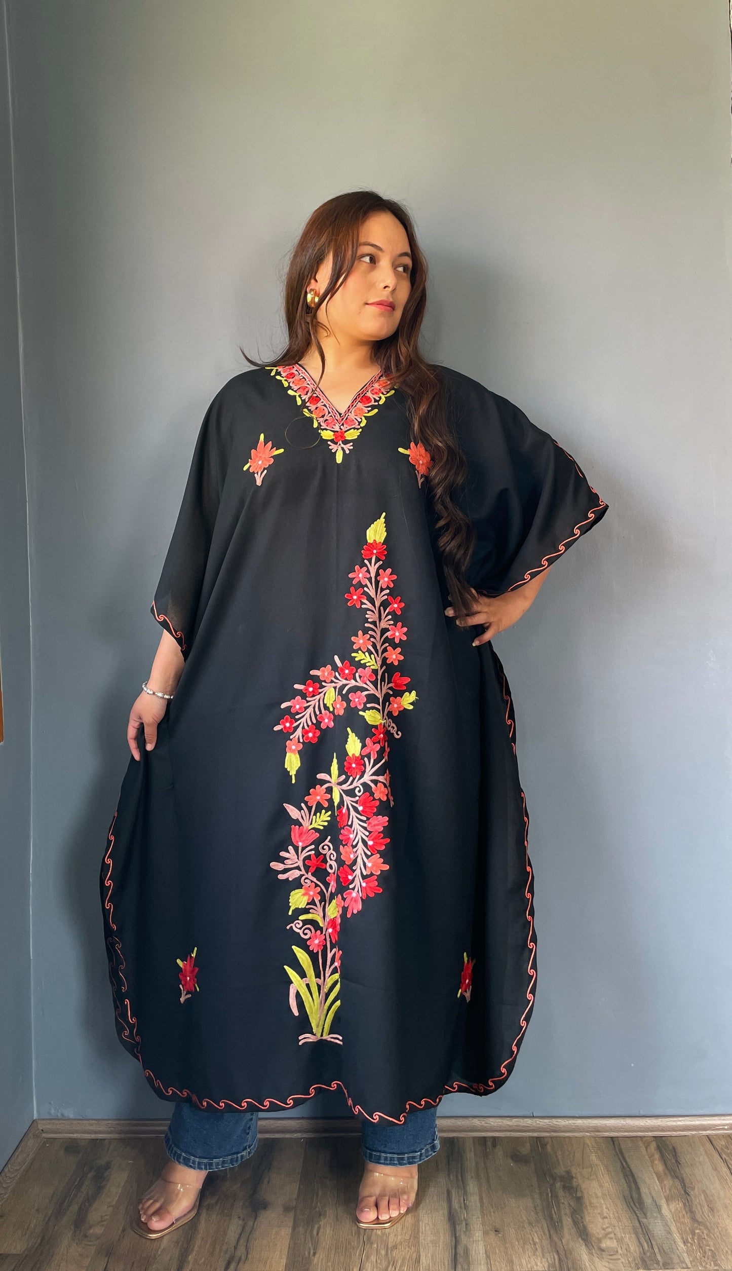 Aari Embroidered Cotton Kaftan | Black With Green And Red Embroidery