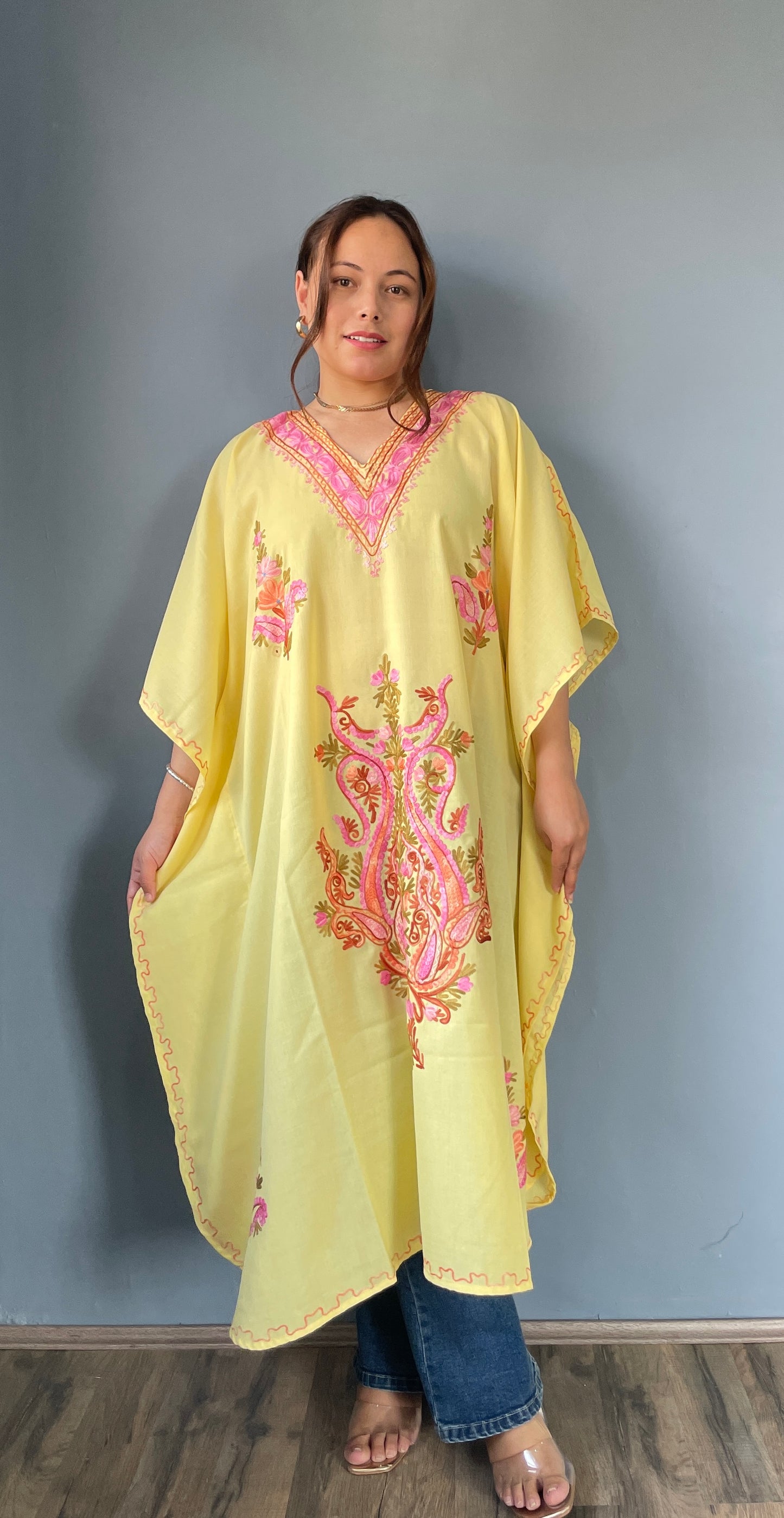 Aari Embroidered Cotton Kaftan | Pastel Yellow With Pink Embroidery